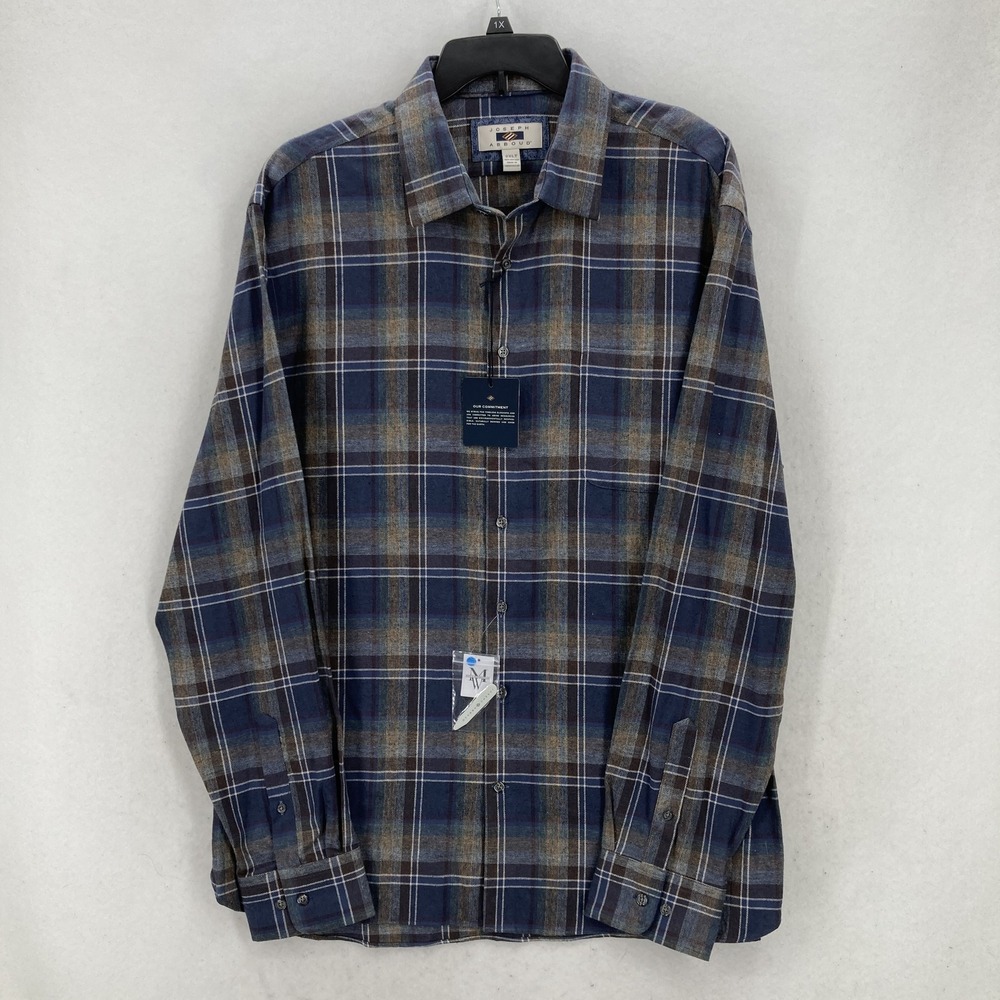 Joseph Abboud Shirt Mens 2XLT Blue Brown Plaid Button Front Long Sleeve Casual